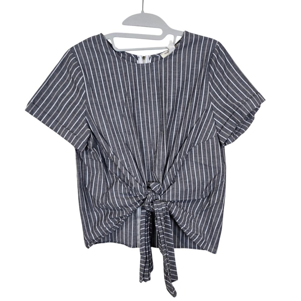 Women's Newbury Kustom Gray Striped Front Tie Cotton Blouse | Size Small